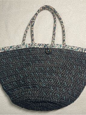 Vintage Roxy Black Woven Straw Medium Tote with Blue Trim Beach Pool Sun Grass